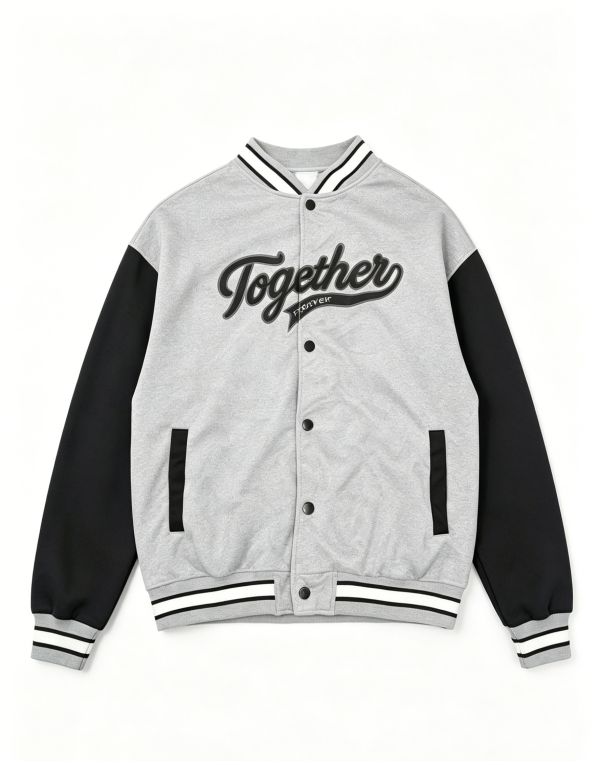 Grey Black Contrast Sleeve "Together" Print Varsity Baseball Jacket