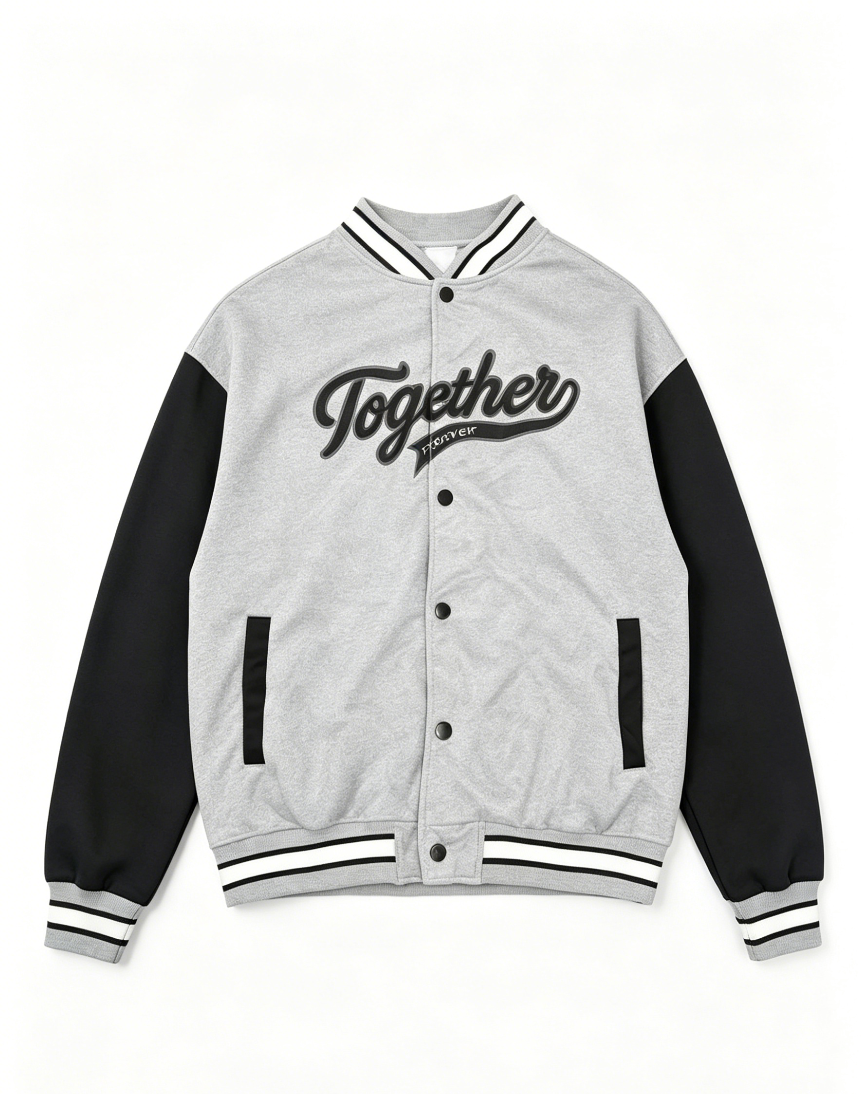 Grey Black Contrast Sleeve "Together" Print Varsity Baseball Jacket - Image 1