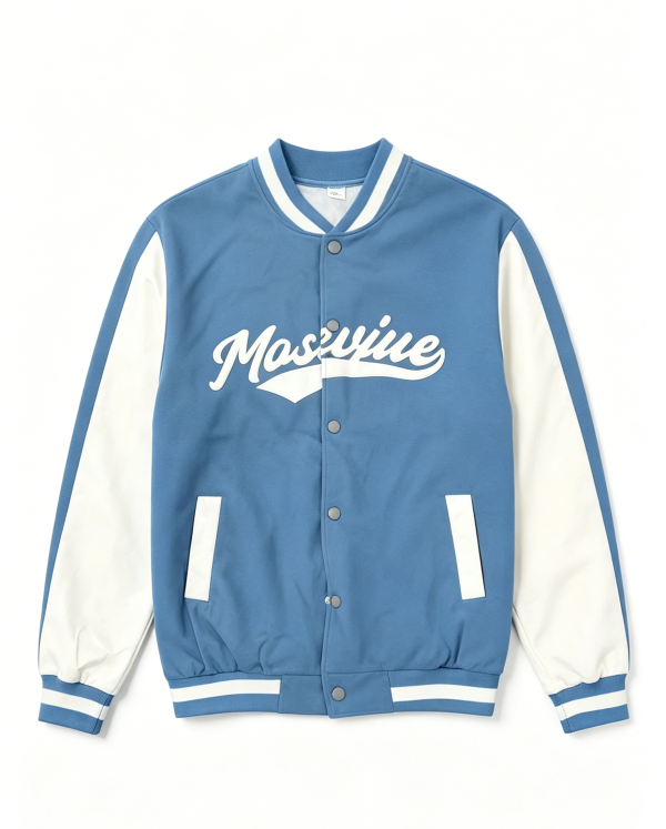 Two-Tone Blue White Letter Print Varsity Baseball Jacket