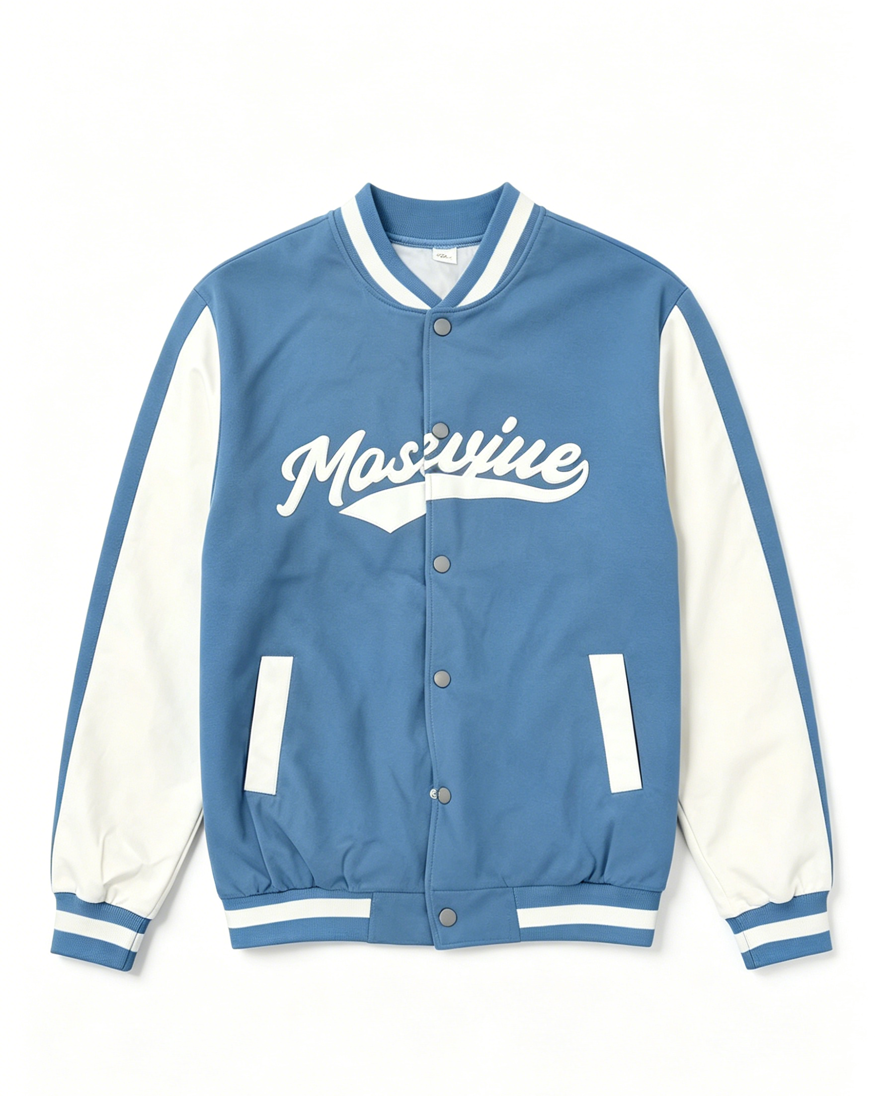 Two-Tone Blue White Letter Print Varsity Baseball Jacket - Image 1
