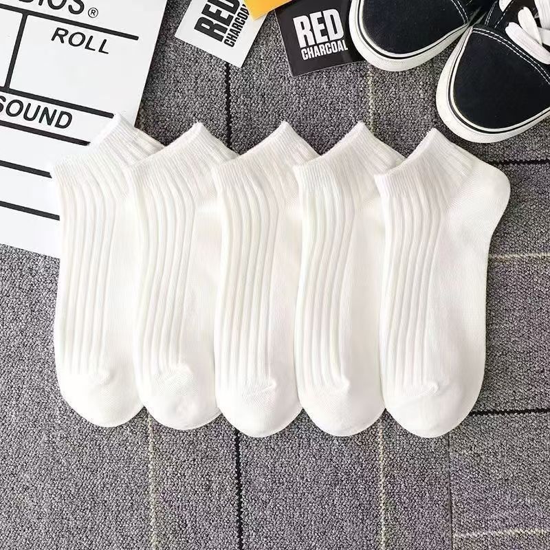Women Solid White Ribbed Ankle Socks, Soft Cotton Low Cut Casual Socks for Sneakers, 5 Pairs Basic Daily Crew Socks - Image 1