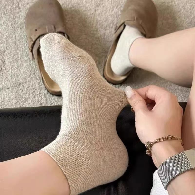 Women Neutral Beige Ribbed Ankle Socks, Soft Thin Cotton Slouch Short Socks for Birkenstock Clogs Casual Daily - Image 1