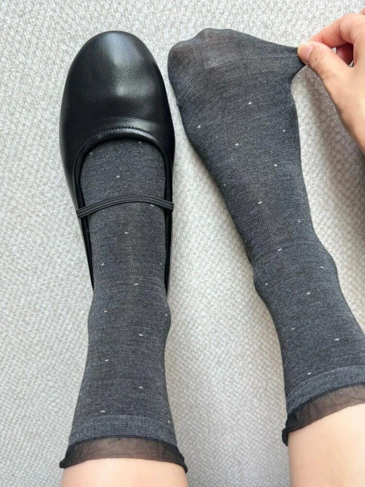 Sheer Mesh Trim Polka Dot Mid Calf Socks, Dark Grey Tiny Dot Thin Cotton Slouch Socks, Elegant See-through Cuff Socks - Image 1