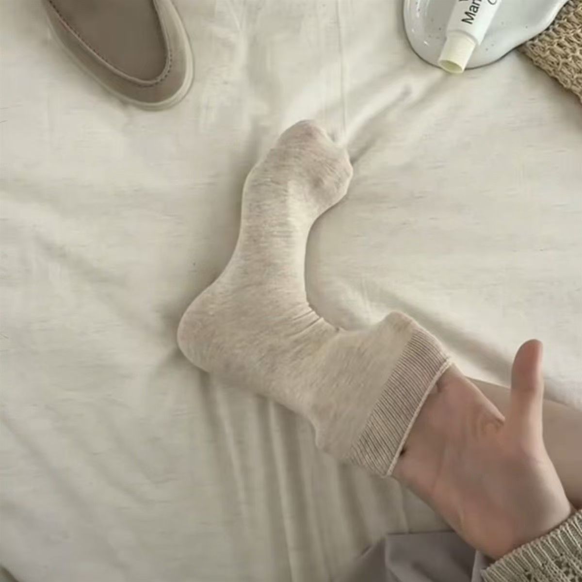 Basic Heather Grey Slouch Mid Calf Socks, Soft Thin Cotton Solid Stackable Crew Socks, Minimal Neutral Daily Socks - Image 1