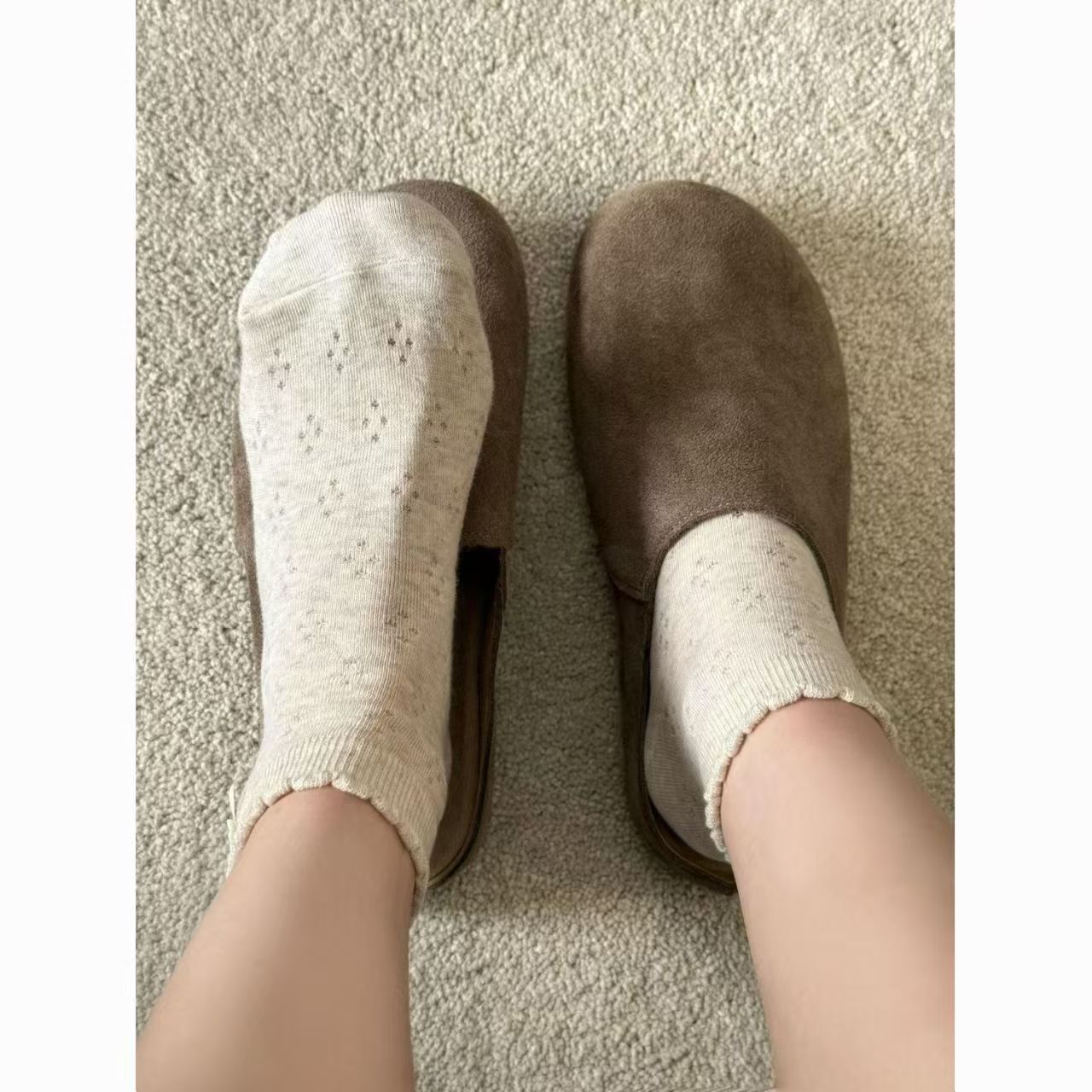 Ruffle Trim Dotted Ankle Socks for Women, Light Grey Tiny Polka Dot Cotton Socks, Cute Frill Socks for Clogs Mules - Image 1